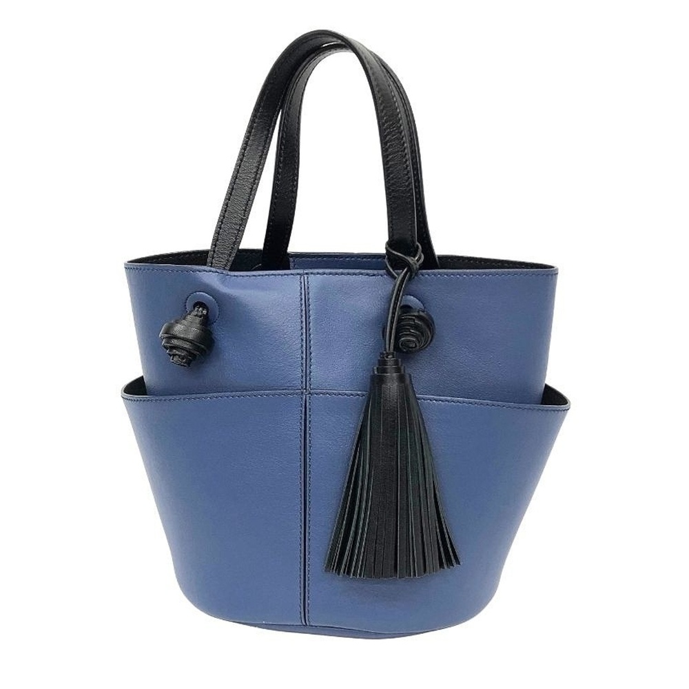 TOD'S Leather Tassel Detail Tote Bag, Blue Bucket Bag